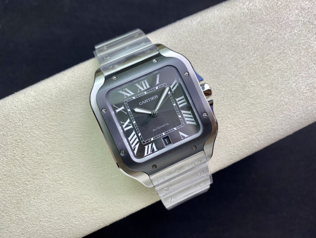 SANTOS DE CARTIE LARGE STEEL CASE BLACK BEZEL WHITE DIAL