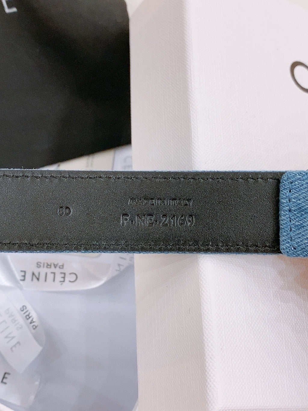CELINE 25S BELT TRIOMPHE TAURILLON 25MM IN BLACK CALFSKIN AND DENIM 558345